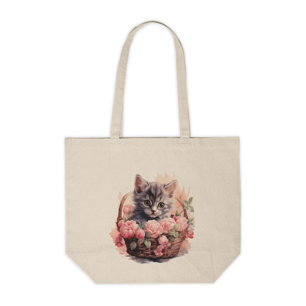 Floral Cat in a Basket Custom Canvas Tote Bag
